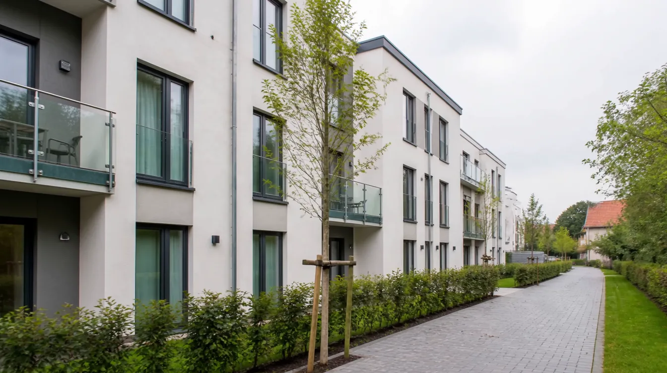 Modernes Mehrfamilienhaus mit gepflegtem Weg und geschnittenen Hecken